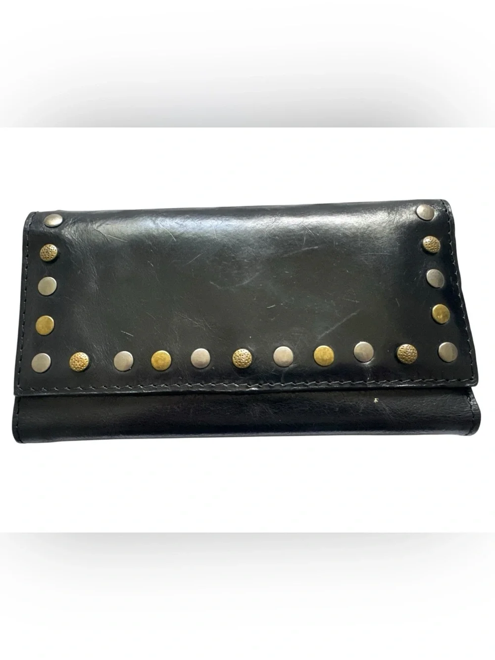 Patricia Nash Black Leather Trifold Riveted Wallet